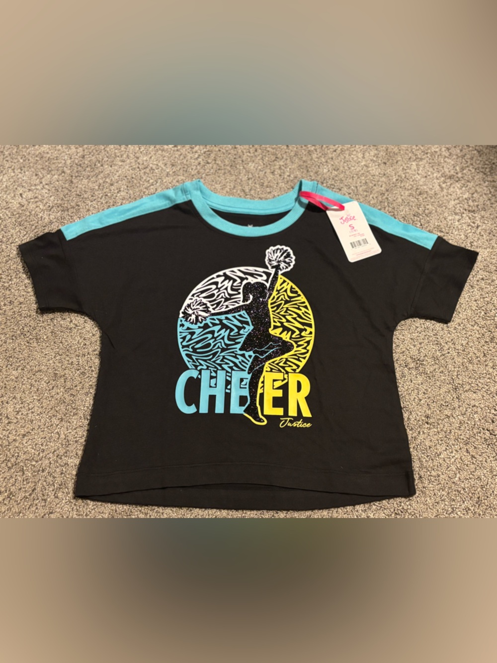 Justice Black Short Sleeve Tee Teal Trim and Multicolor Glitter cheer Graphic
